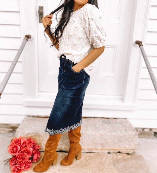 Daphne Embroidered Skirt - Dark Wash / FINAL SALE
