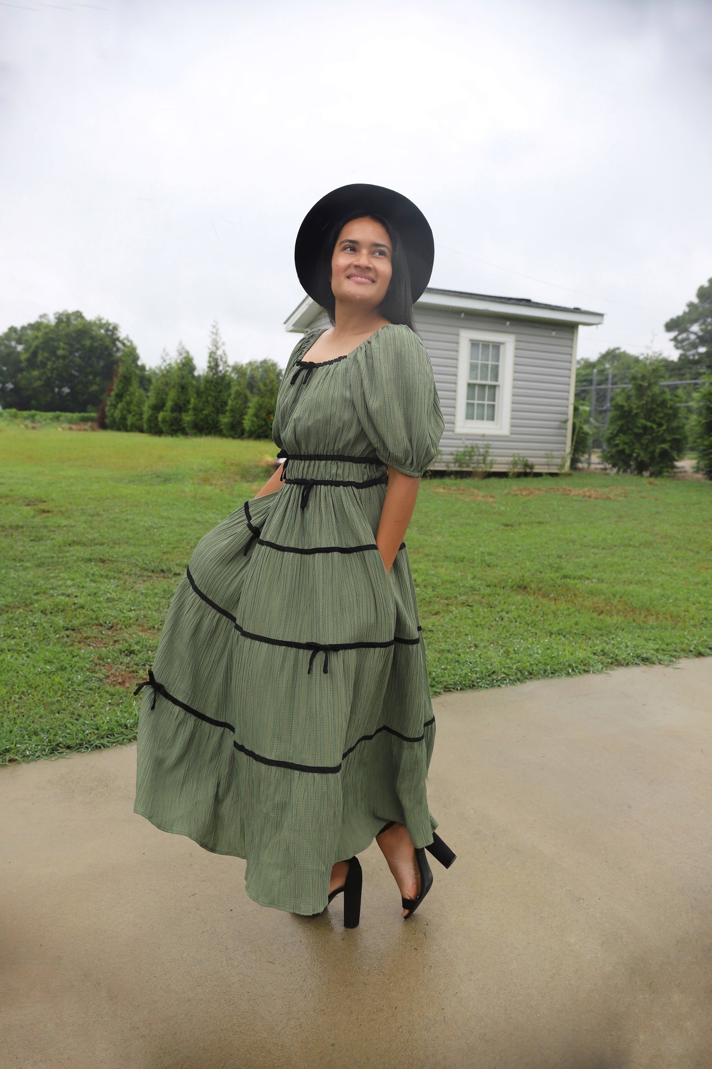 Leiney Tiered Dress- Olive Medium Leiney Tiered Dress- Olive Medium