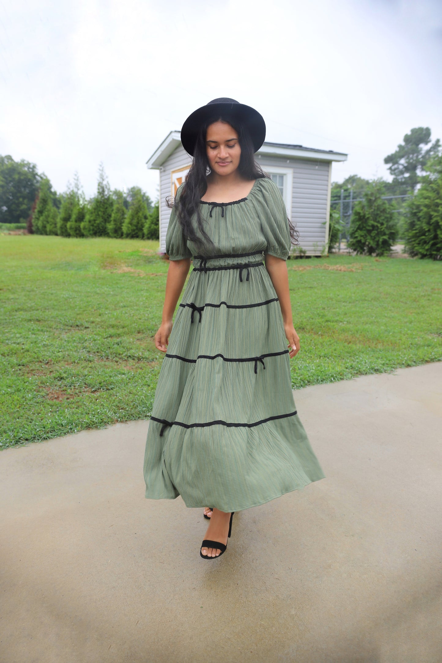 olive green tiered dress Olive Ruffle Sleeve Faux Belt Tiered Maxi Dress X-Large