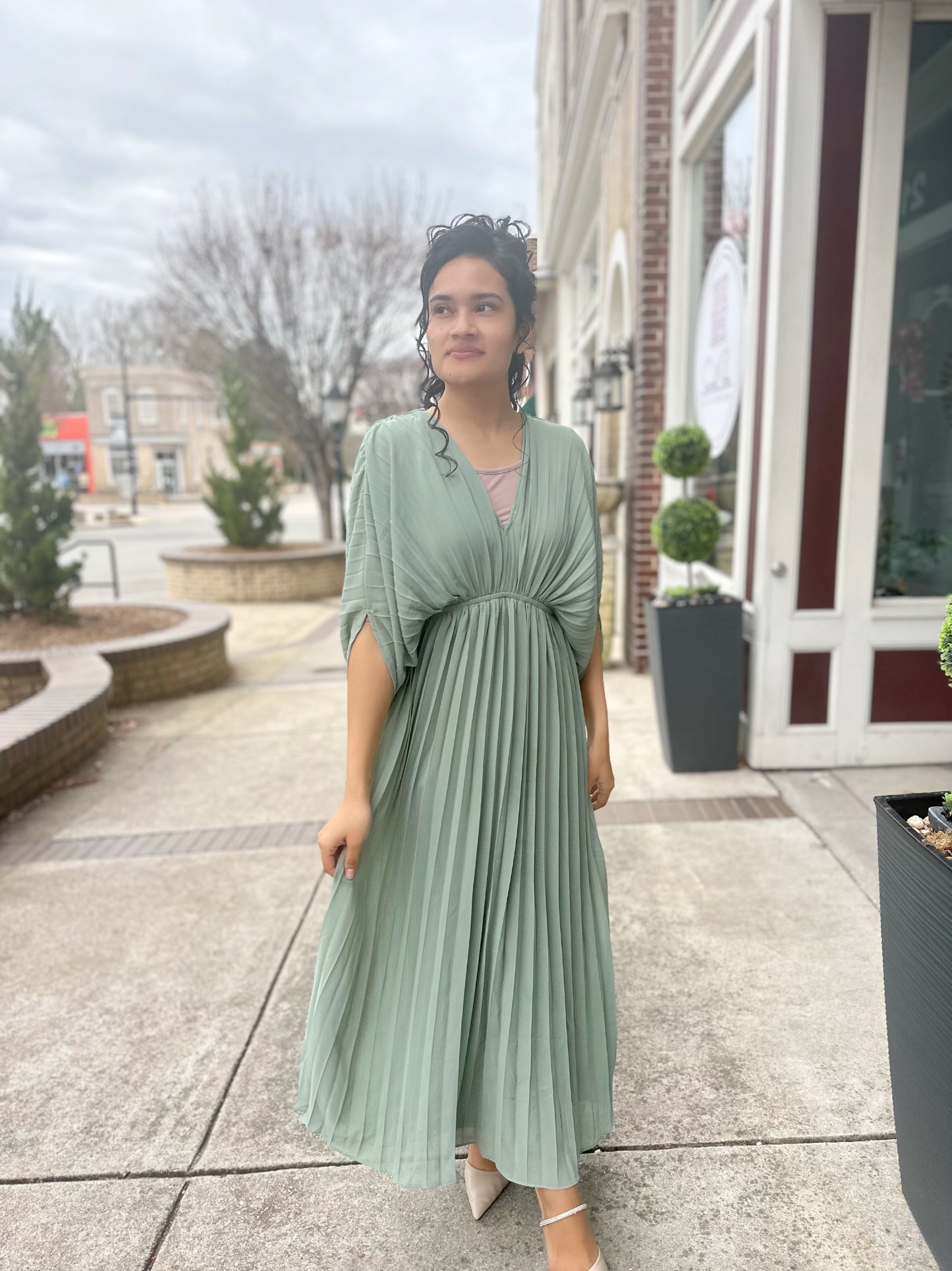 pleated dress sale Final Sale Plus Size One Shoulder Asymmetric Pleated Dress with Cut Out in Metallic Moss Green