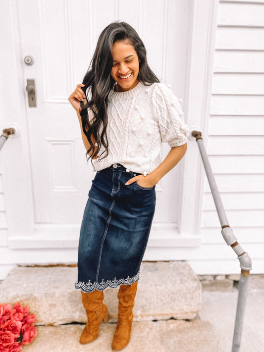 Daphne Embroidered Skirt - Dark Wash / FINAL SALE